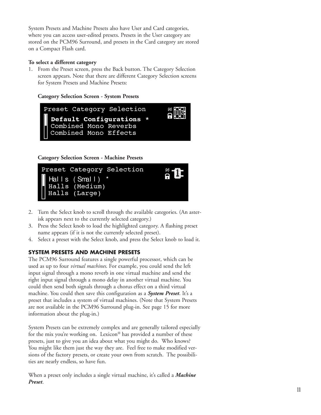 Lexicon PCM96 manual To select a different category, Category Selection Screen System Presets 