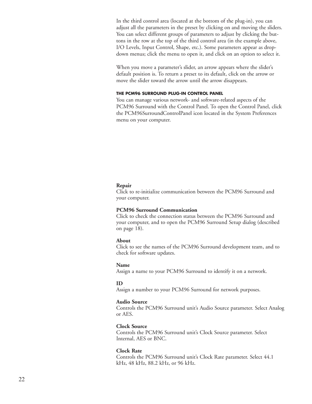 Lexicon manual Repair, PCM96 Surround Communication, About, Name, Audio Source, Clock Source, Clock Rate 