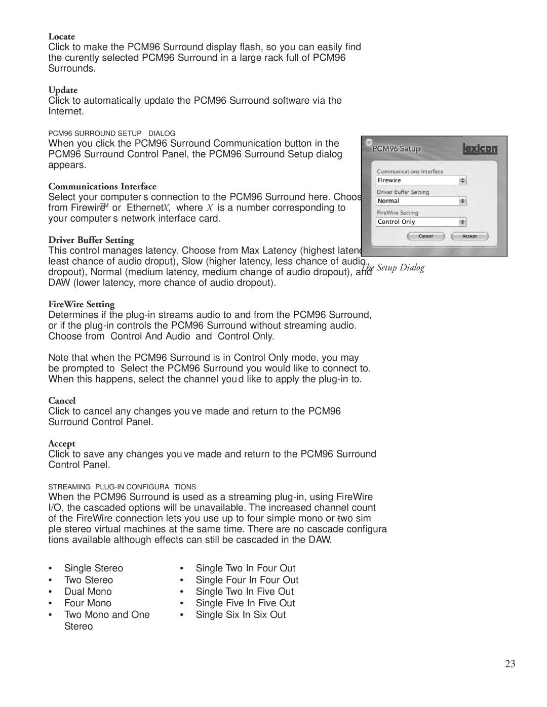 Lexicon PCM96 manual Locate, Update, Communications Interface, Driver Buffer Setting, FireWire Setting, Cancel, Accept 