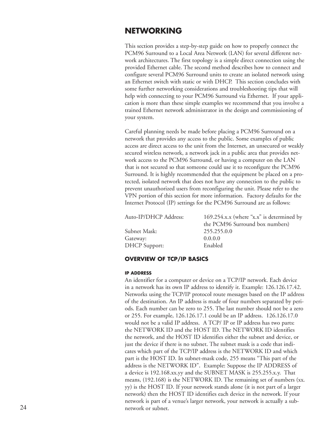 Lexicon PCM96 manual Networking, A network has its own IP address to identify it. Example 