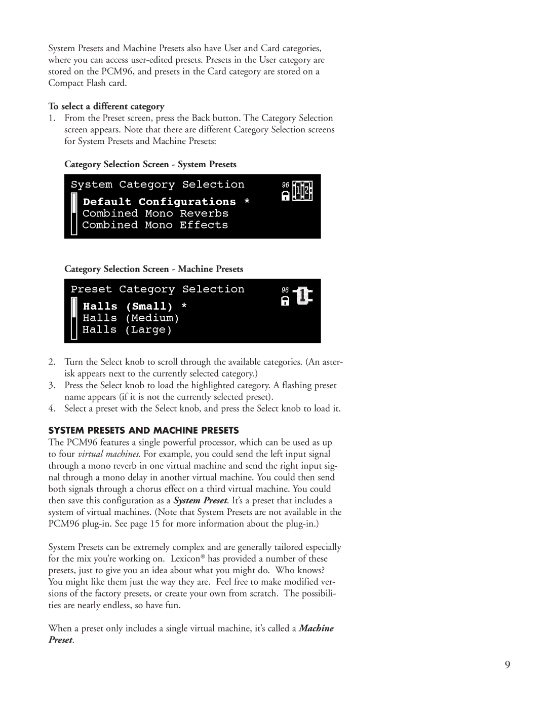 Lexicon PCM96 manual To select a different category, Category Selection Screen System Presets 