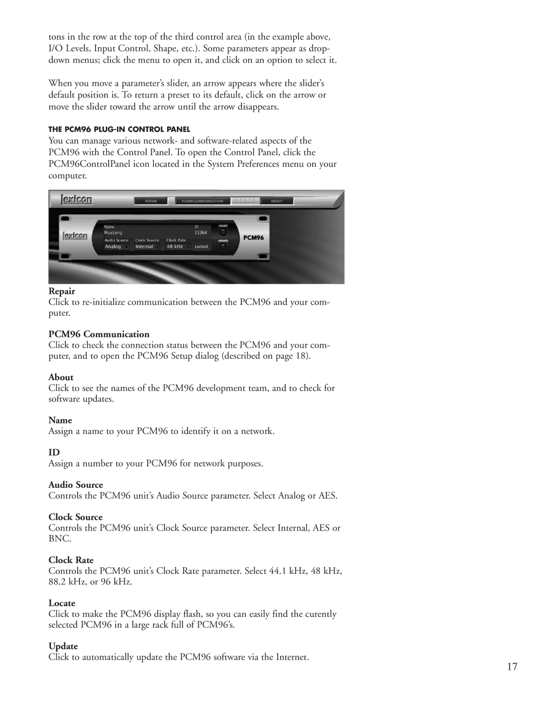 Lexicon manual Repair, PCM96 Communication, About, Name, Audio Source, Clock Source, Clock Rate, Locate, Update 