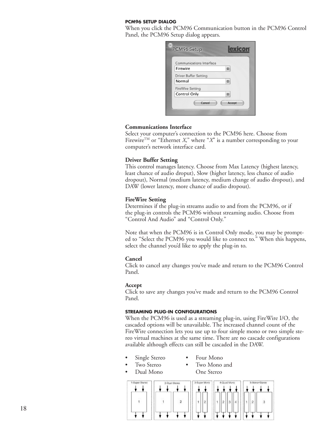 Lexicon PCM96 manual Communications Interface, Driver Buffer Setting, FireWire Setting, Cancel, Accept 