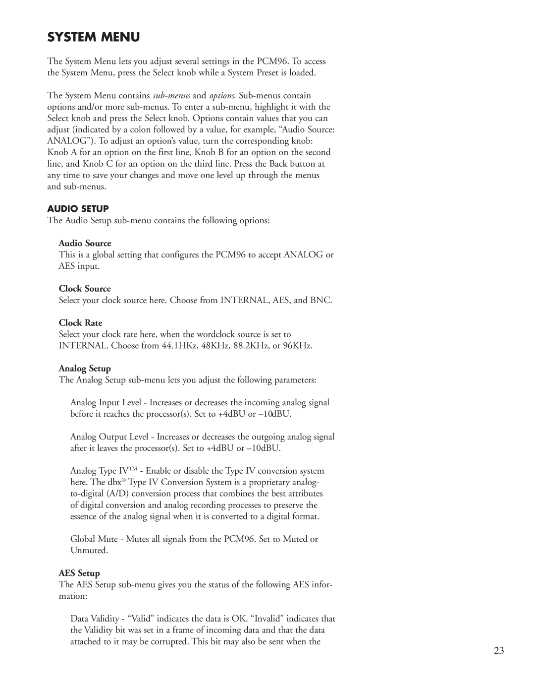Lexicon PCM96 manual System Menu, Analog Setup, AES Setup 