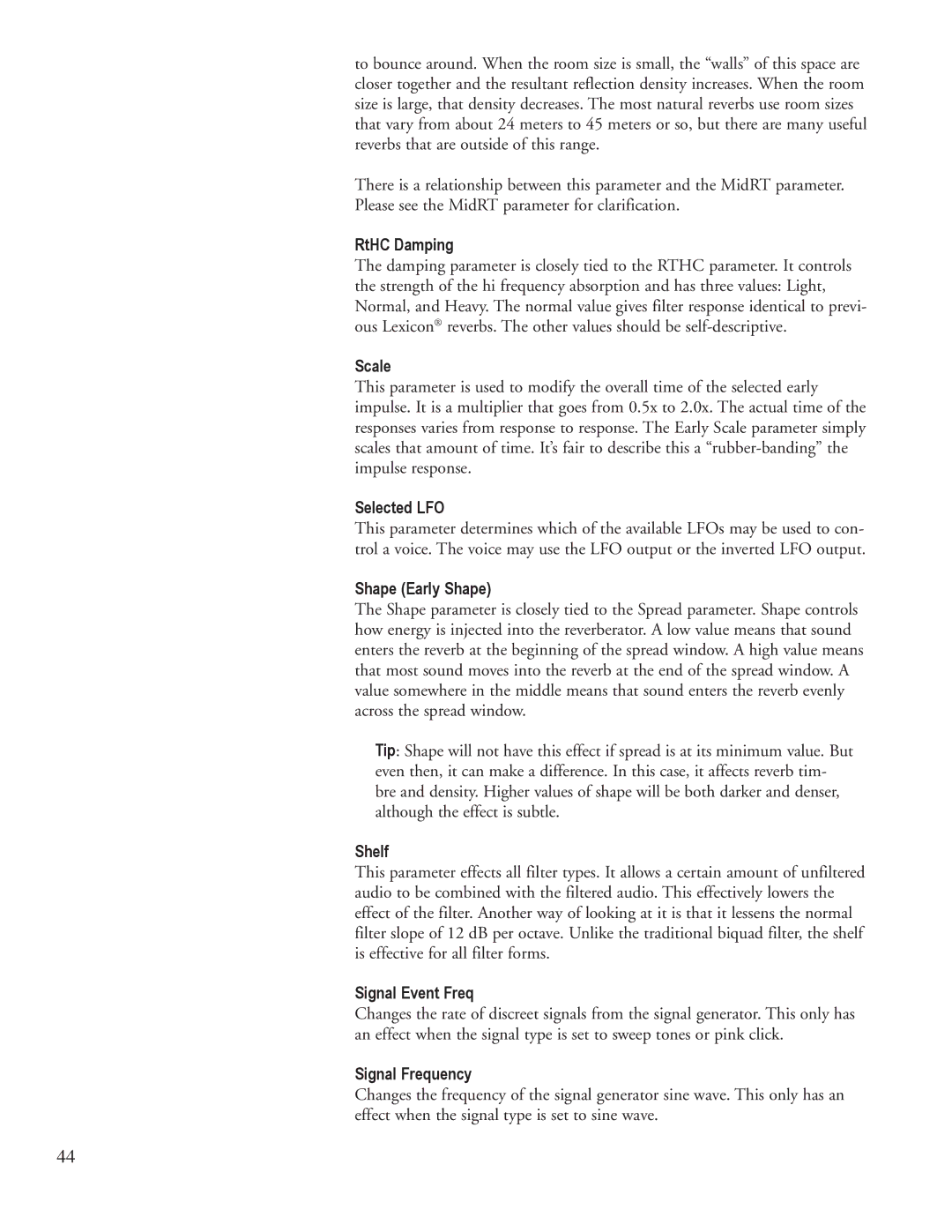 Lexicon PCM96 manual RtHC Damping, Scale, Selected LFO, Shape Early Shape, Shelf, Signal Event Freq, Signal Frequency 