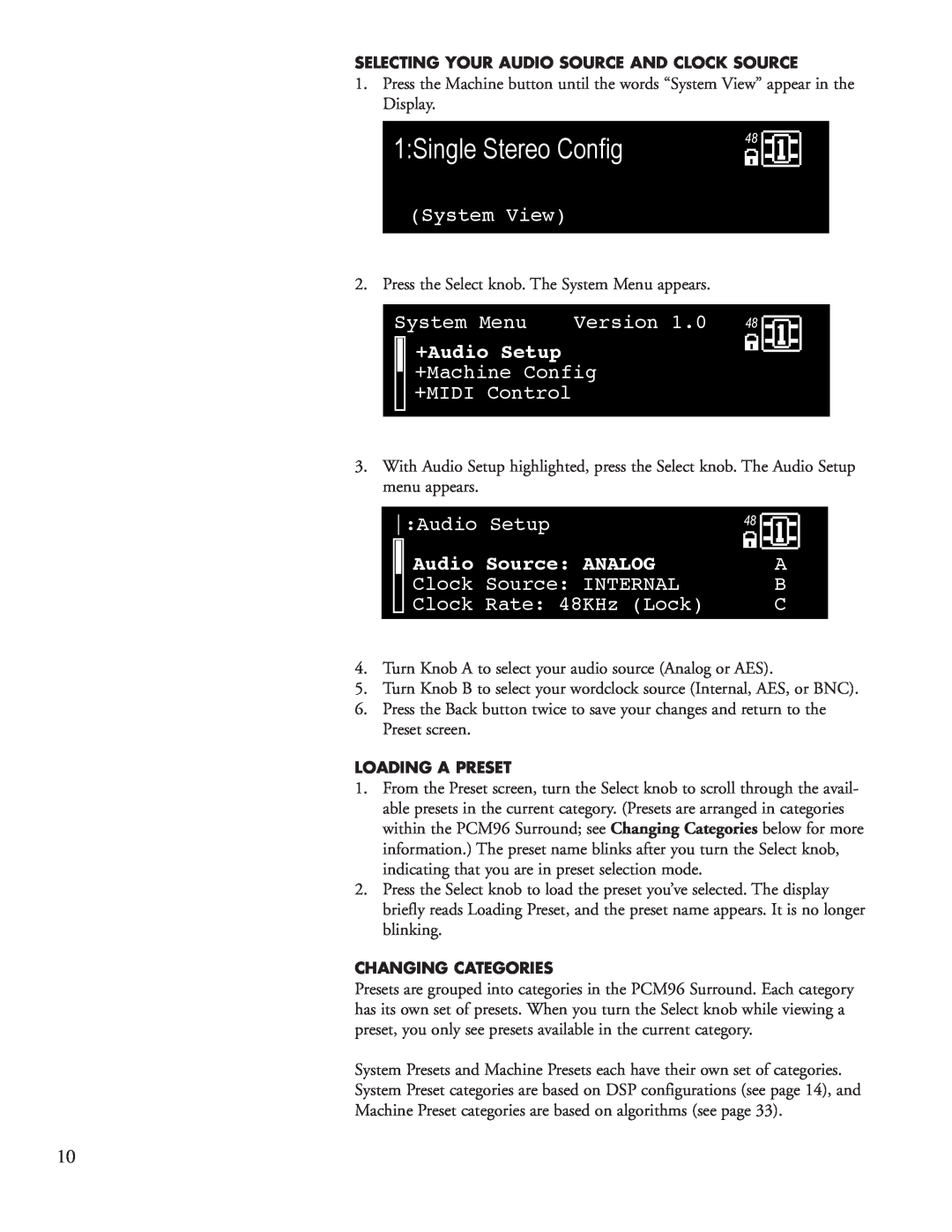 Lexicon PCM96 manual 1:SinglConcertHallStereo->FlaCongefig4896, +Audio Setup, Audio Source: ANALOG 