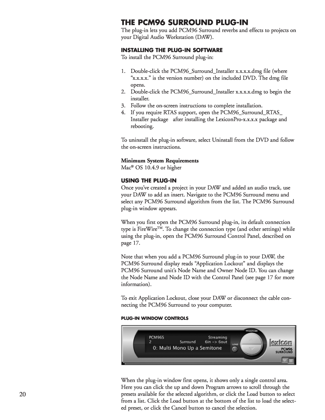Lexicon manual The PCM96 Surround Plug-IN, Minimum System Requirements 