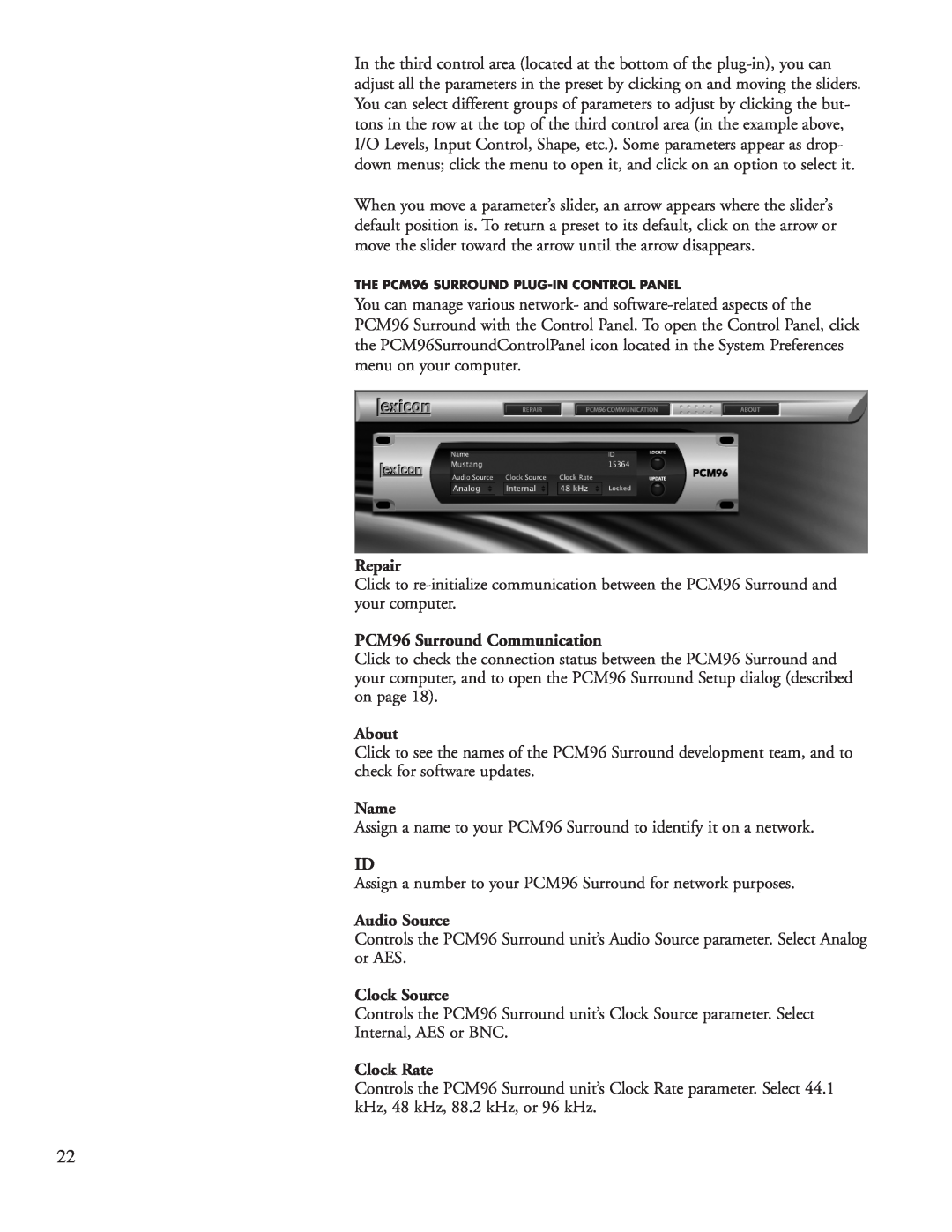 Lexicon manual Repair, PCM96 Surround Communication, About, Name, Audio Source, Clock Source, Clock Rate 