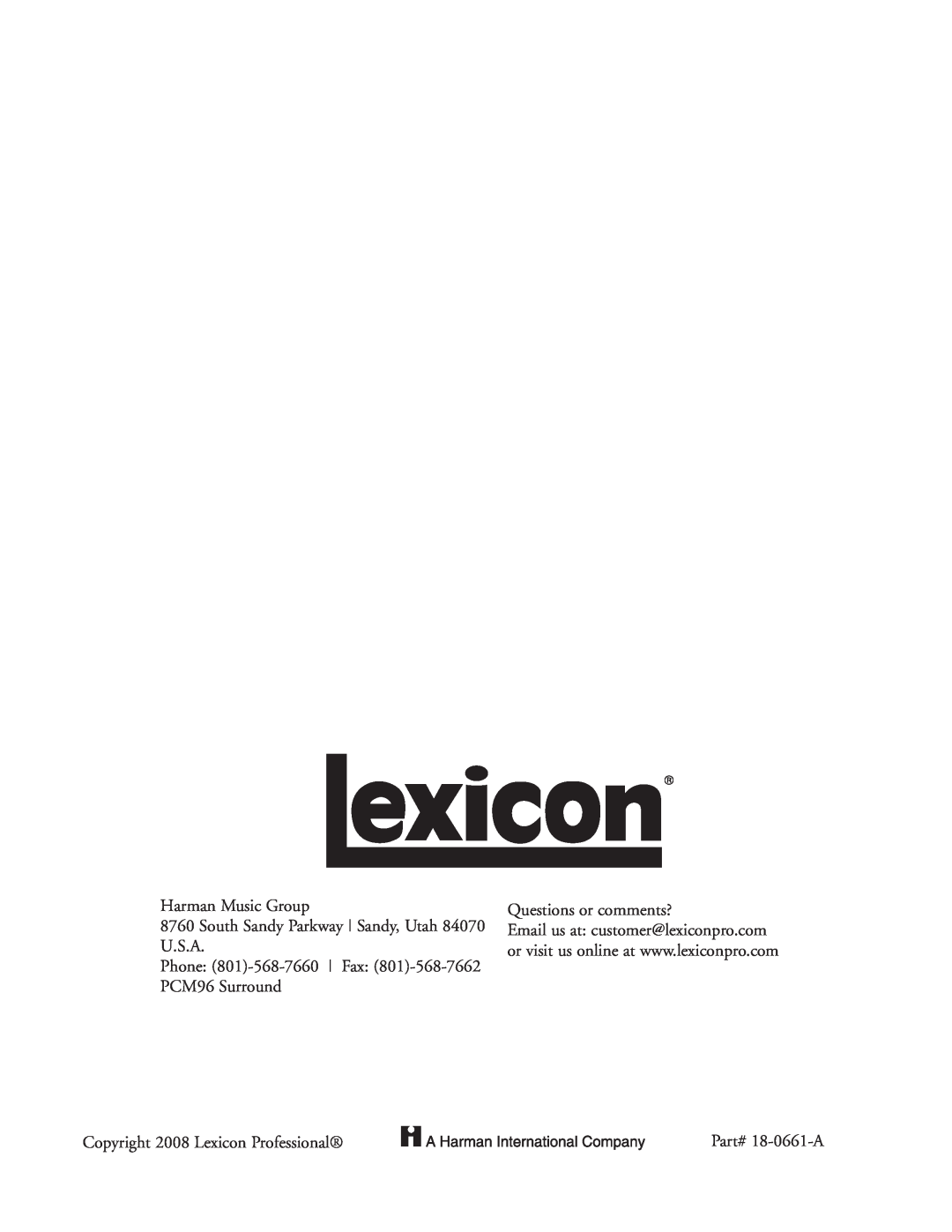 Lexicon manual Harman Music Group, South Sandy Parkway | Sandy, Utah U.S.A, Phone: 801-568-7660| Fax: PCM96 Surround 