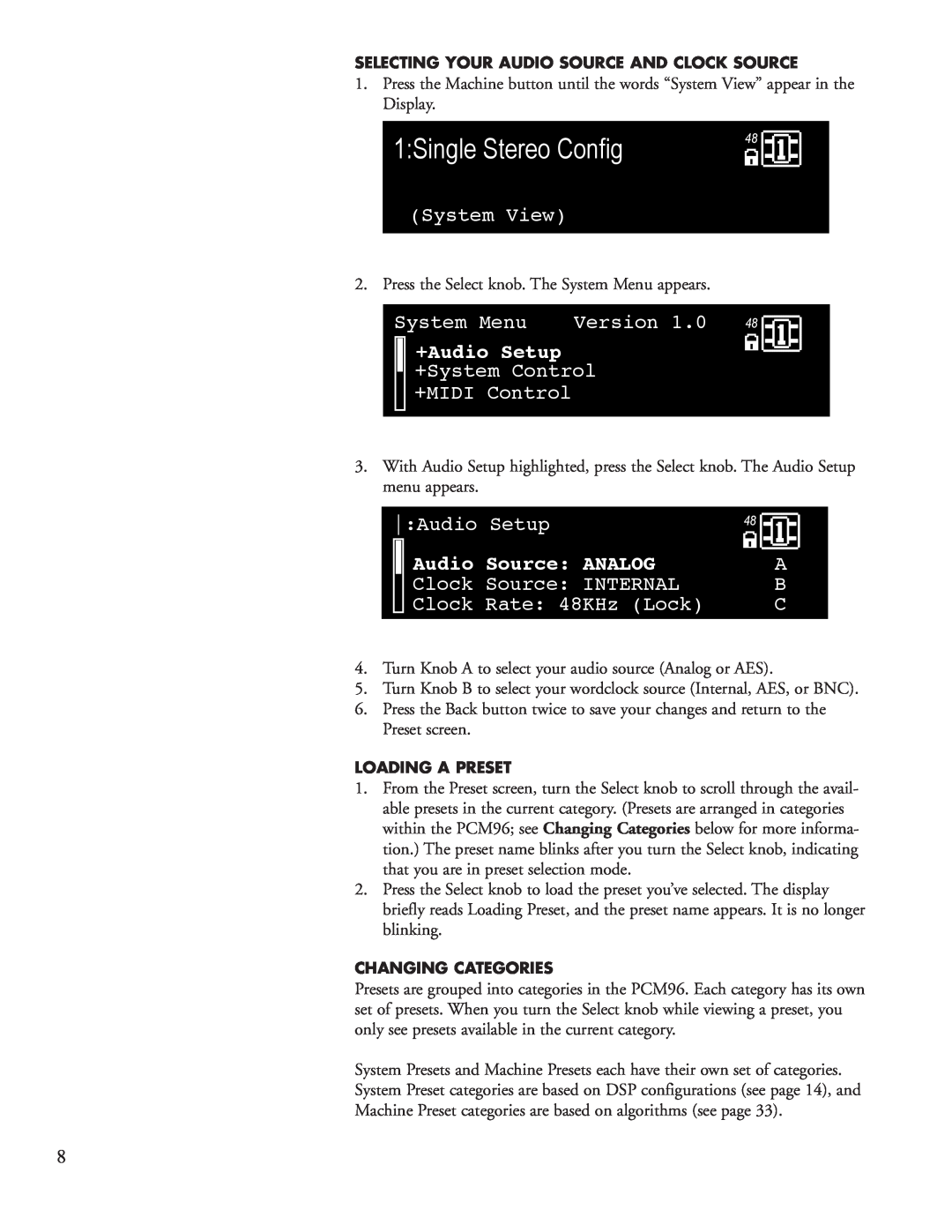 Lexicon PCM96 manual SinglConcertHallStereo- FlaCongefig4896, +Audio Setup, Audio Source ANALOG 