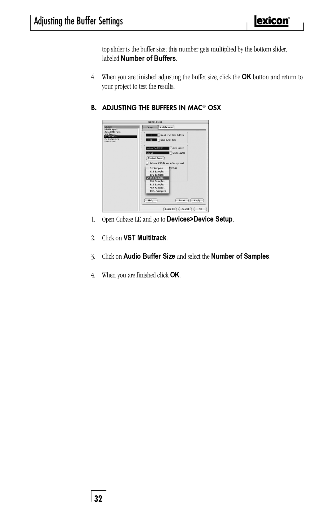 Lexicon Recording Studio owner manual Adjusting the Buffers in MAC osX 