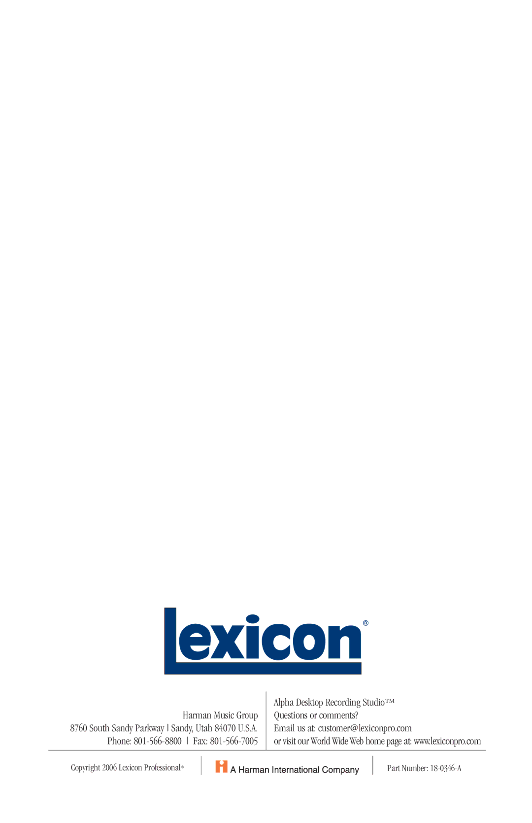 Lexicon owner manual Alpha Desktop Recording Studio 