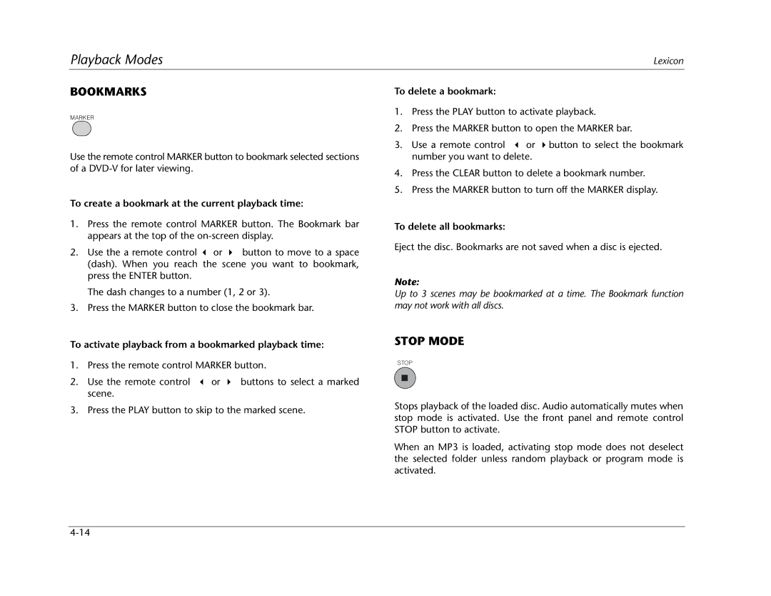 Lexicon RT-20 manual Bookmarks, Stop Mode 