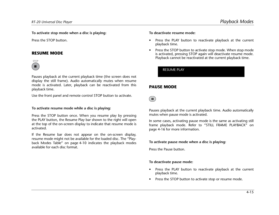 Lexicon RT-20 manual Resume Mode, Pause Mode 