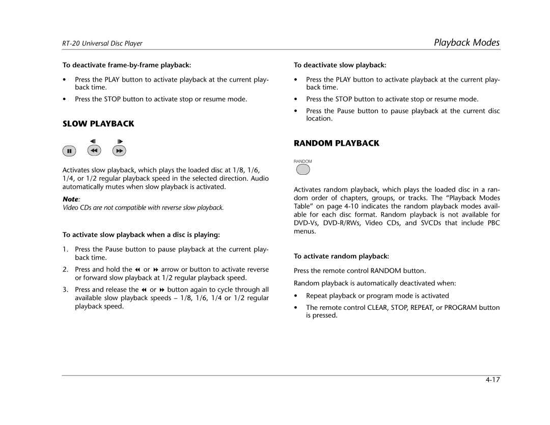 Lexicon RT-20 manual Slow Playback, Random Playback 