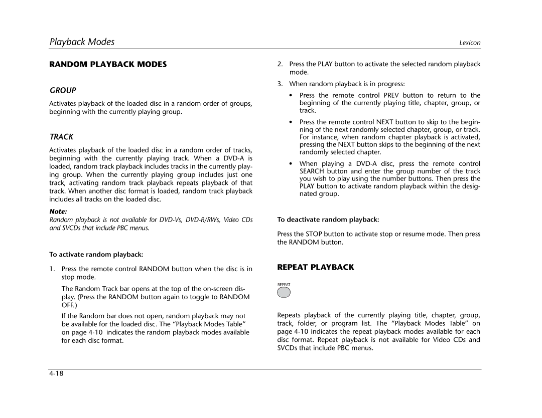 Lexicon RT-20 manual Random Playback Modes, Group, Track, Repeat Playback, To deactivate random playback 