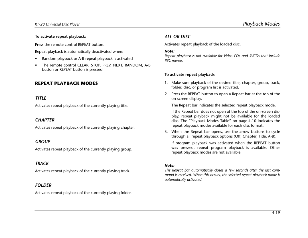 Lexicon RT-20 manual Repeat Playback Modes, Title, Chapter, Folder, ALL or Disc 