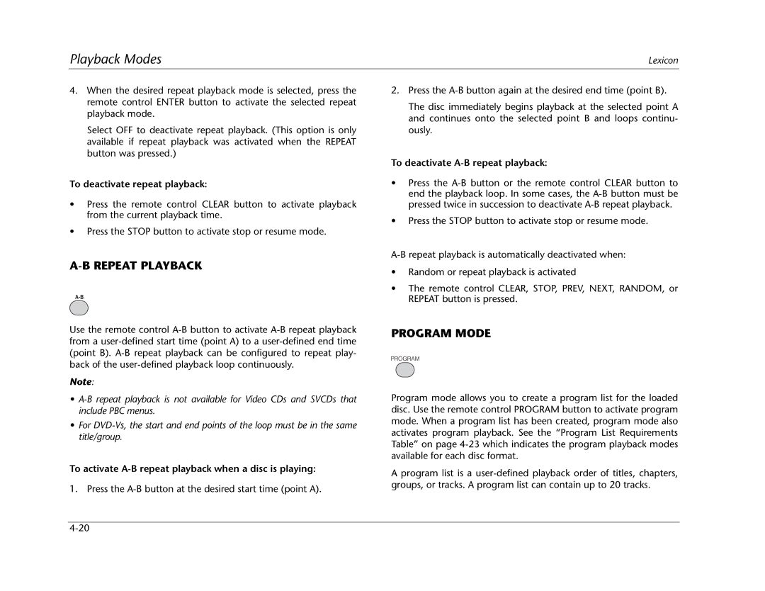 Lexicon RT-20 manual Program Mode, To deactivate repeat playback, To activate A-B repeat playback when a disc is playing 