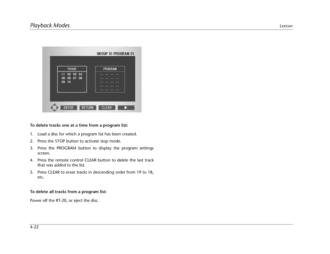 Lexicon RT-20 manual To delete tracks one at a time from a program list, To delete all tracks from a program list 