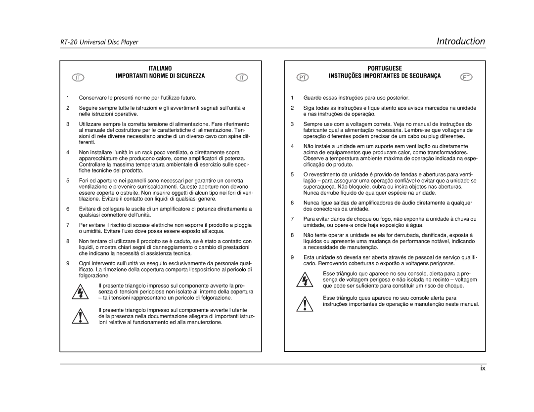 Lexicon RT-20 manual Italiano Importanti Norme DI Sicurezza 