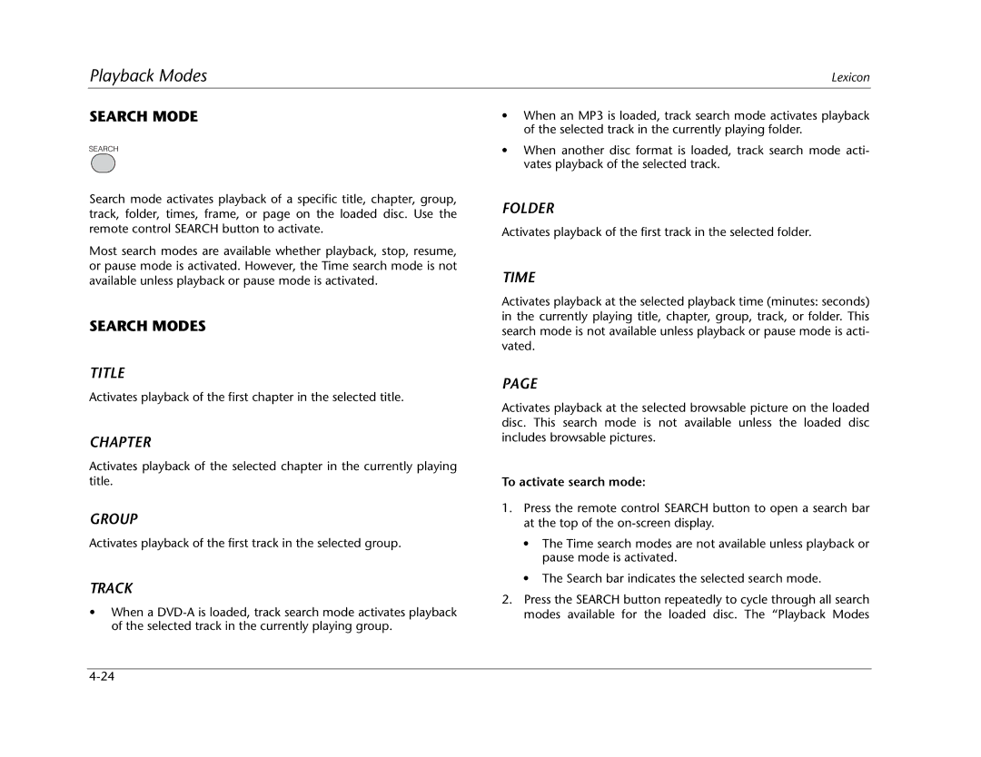 Lexicon RT-20 manual Search Modes, Time, To activate search mode 