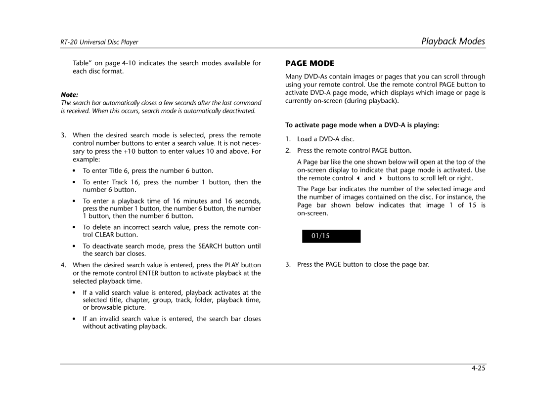 Lexicon RT-20 manual Mode, To activate page mode when a DVD-A is playing 