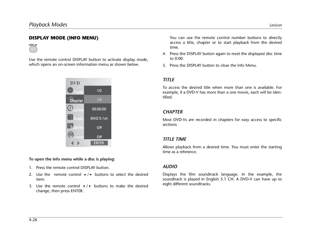 Lexicon RT-20 manual Display Mode Info Menu, Title Time, Audio, To open the info menu while a disc is playing 