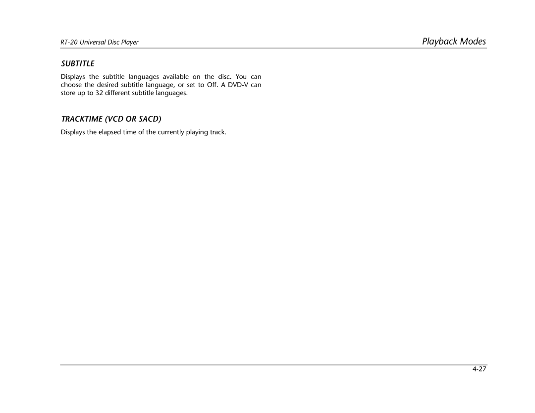 Lexicon RT-20 manual Subtitle, Tracktime VCD or Sacd 