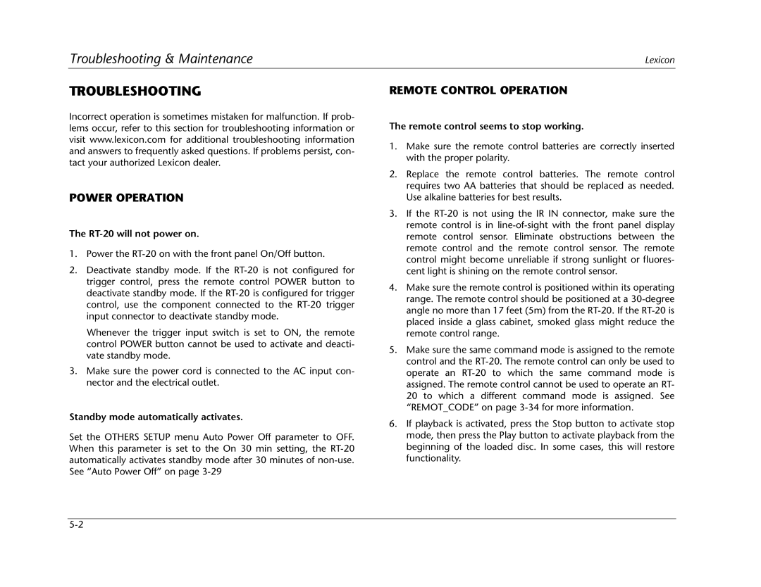 Lexicon RT-20 manual Troubleshooting, Power Operation, Remote Control Operation 