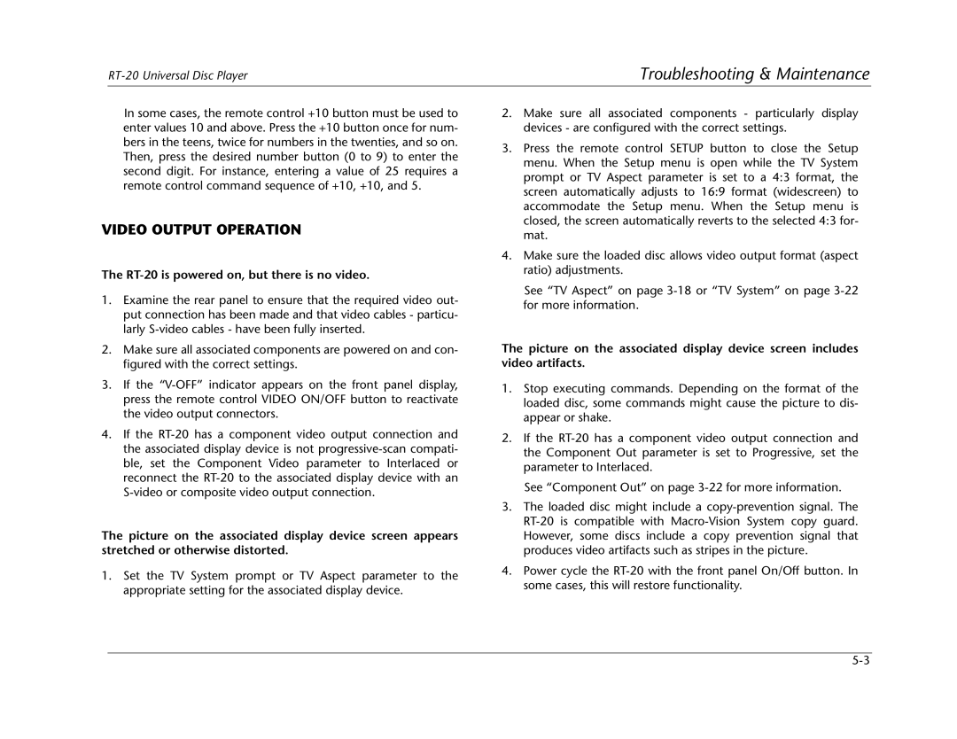 Lexicon manual Video Output Operation, RT-20 is powered on, but there is no video 