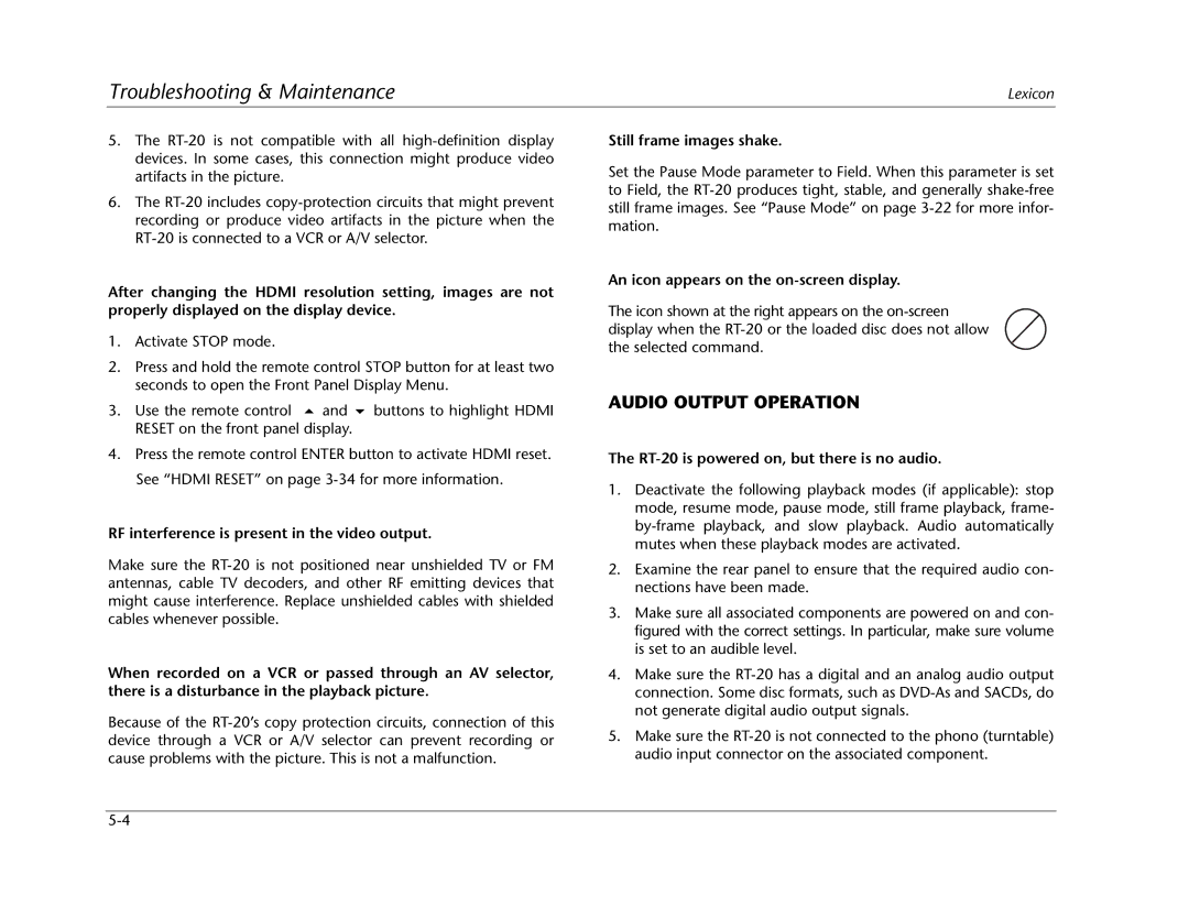 Lexicon RT-20 manual Audio Output Operation, RF interference is present in the video output, Still frame images shake 