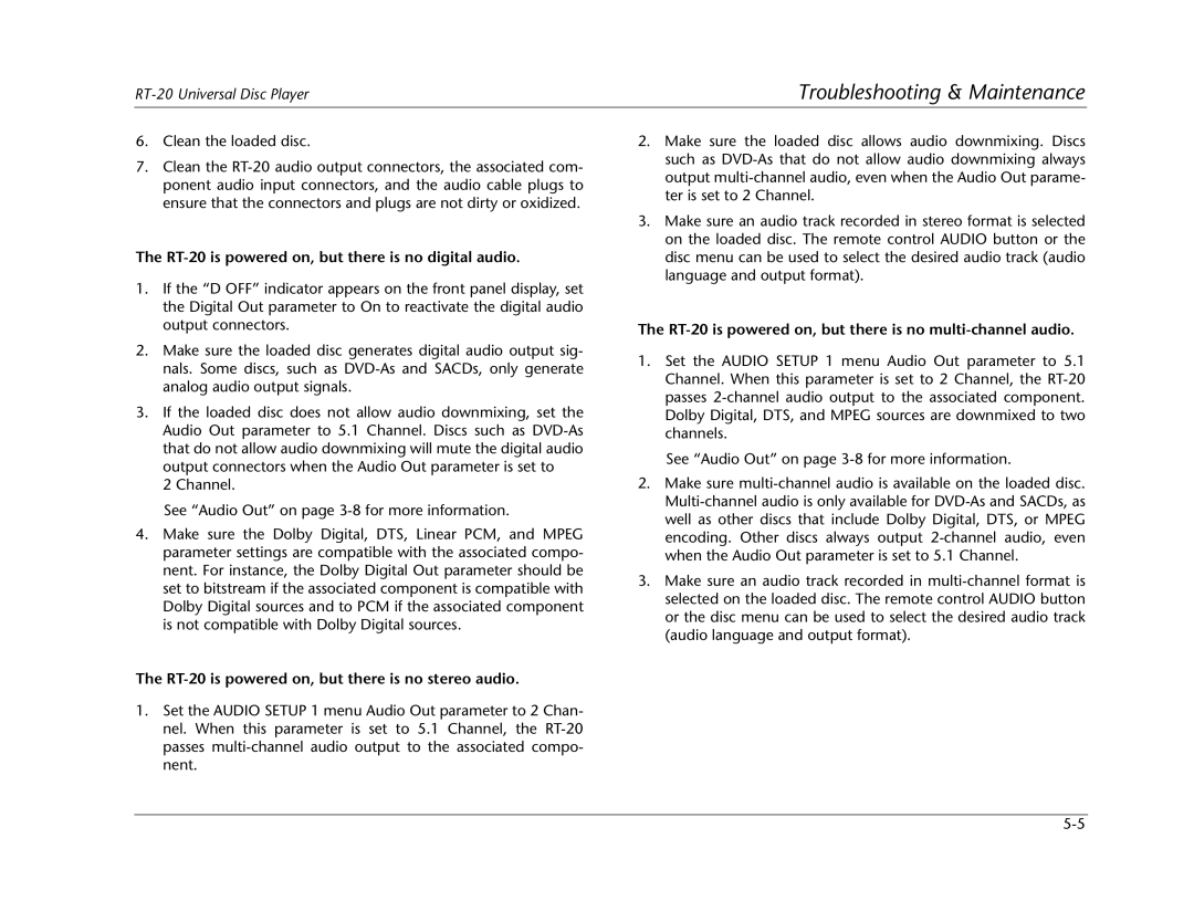 Lexicon manual RT-20 is powered on, but there is no digital audio, RT-20 is powered on, but there is no stereo audio 