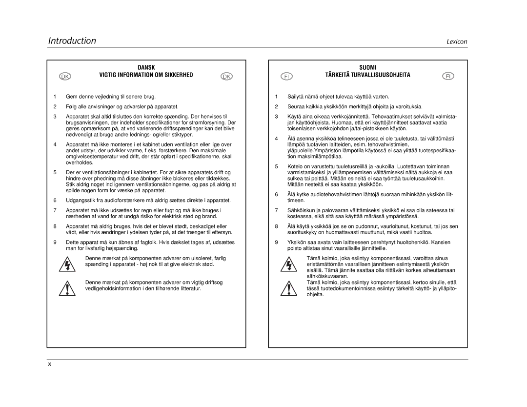 Lexicon RT-20 manual Suomi Tärkeitä Turvallisuusohjeita 