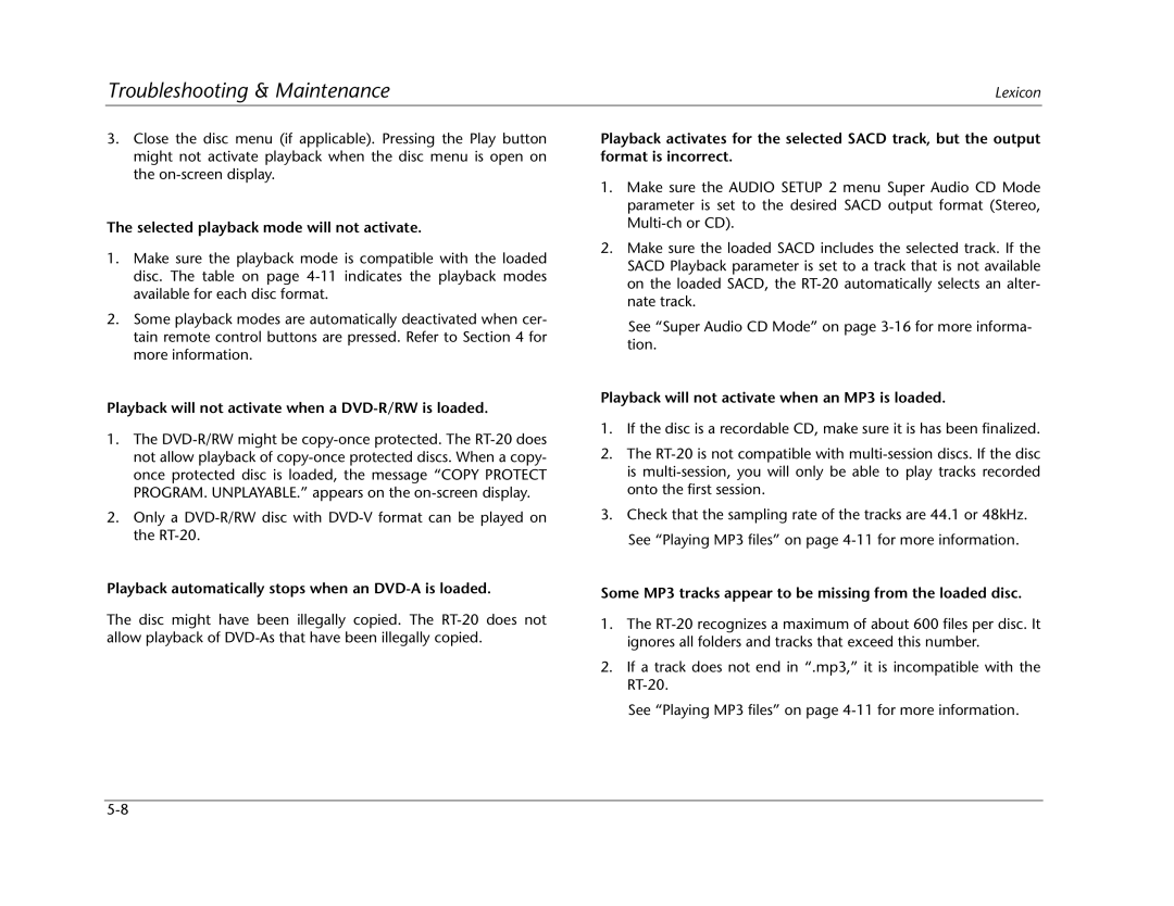 Lexicon RT-20 manual Selected playback mode will not activate, Playback will not activate when a DVD-R/RW is loaded 