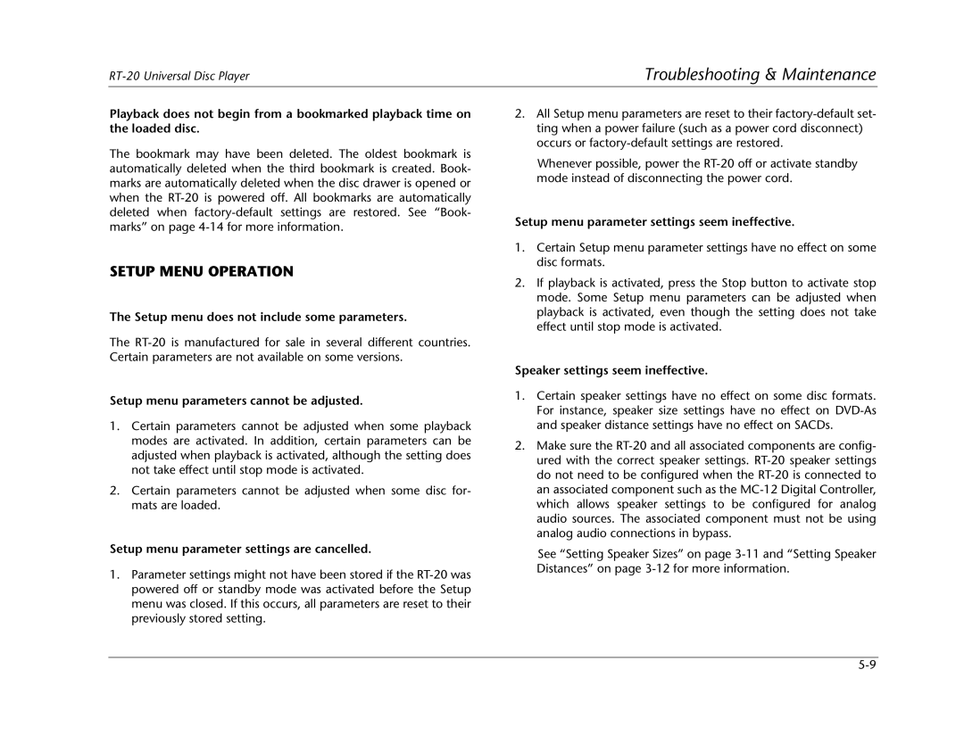 Lexicon RT-20 manual Setup Menu Operation 