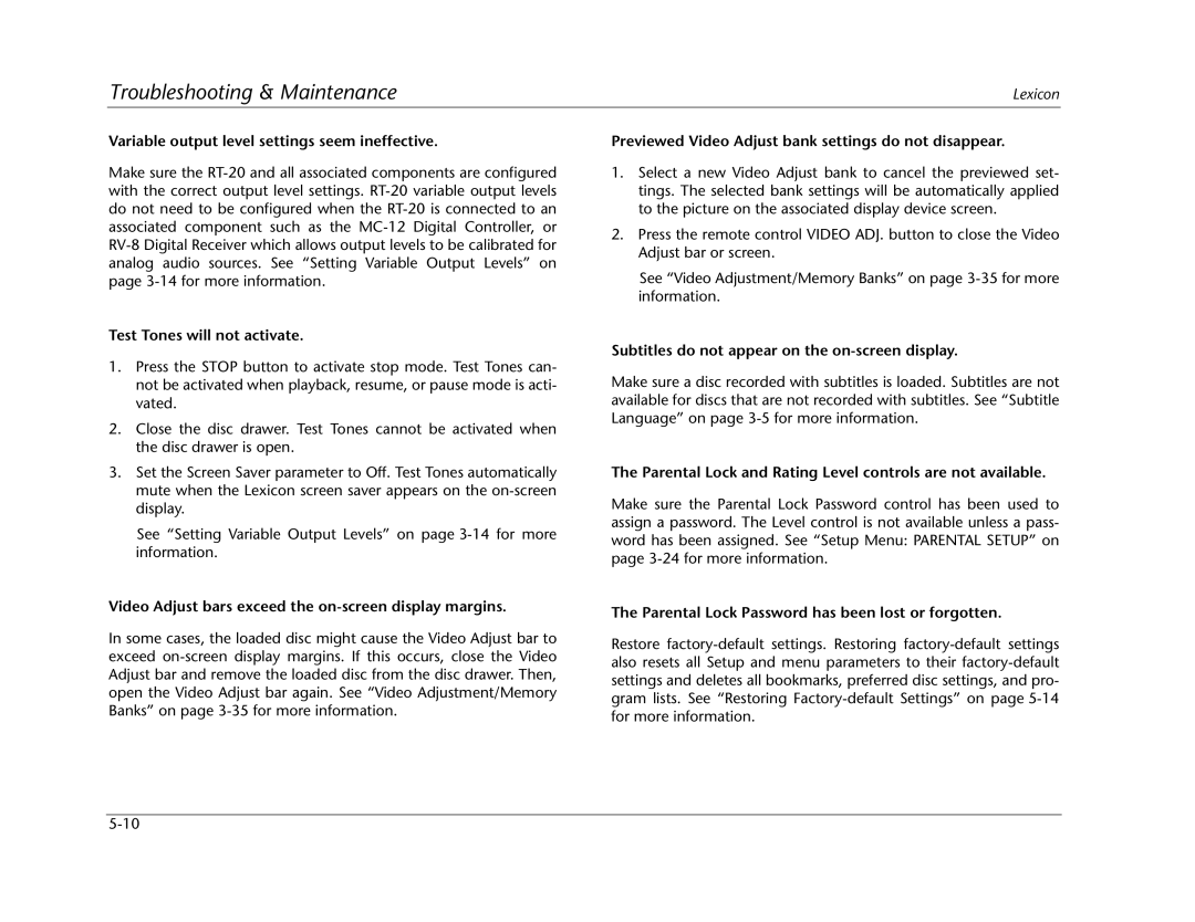 Lexicon RT-20 manual Variable output level settings seem ineffective, Test Tones will not activate 