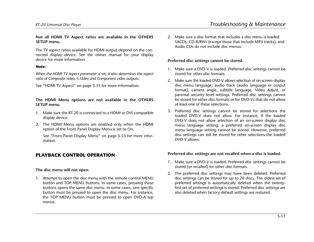 Lexicon RT-20 manual Playback Control Operation, Disc menu will not open, Preferred disc settings cannot be stored 