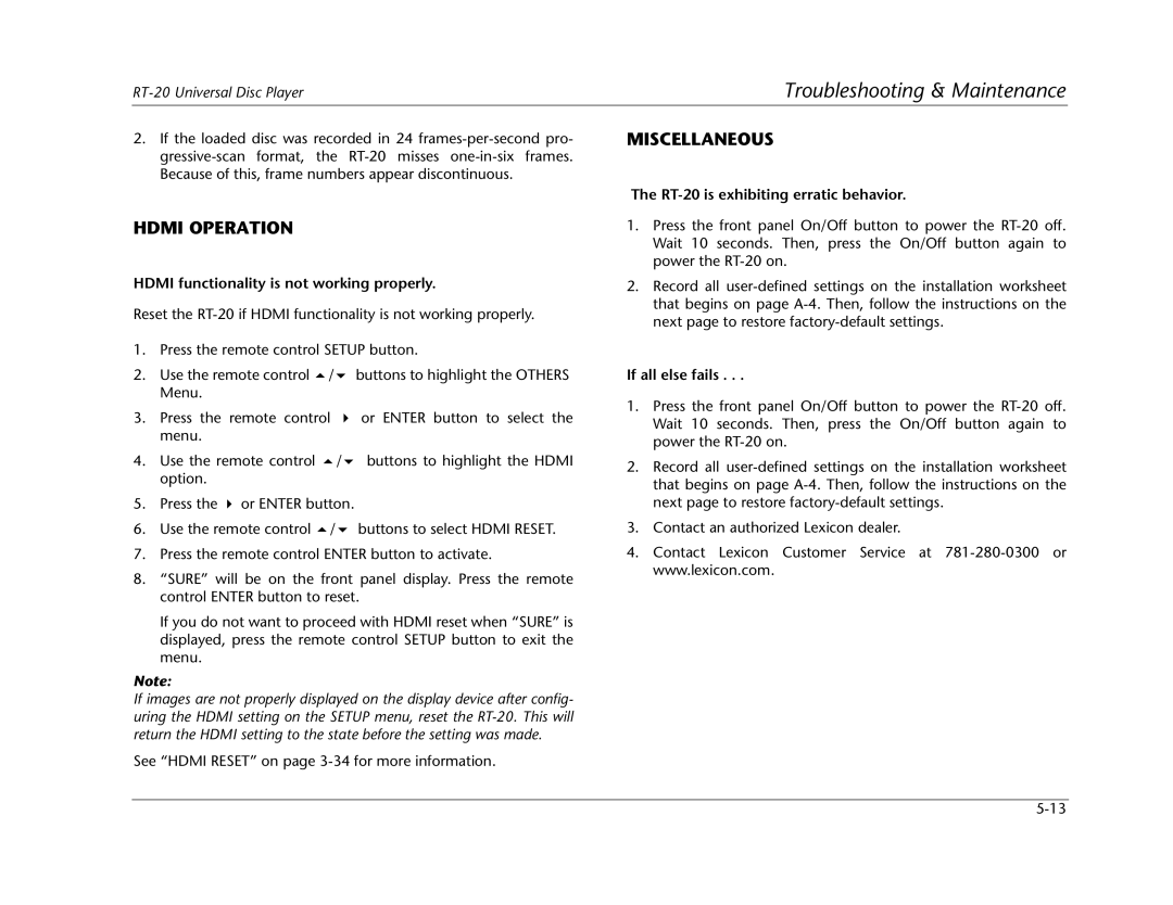 Lexicon RT-20 manual Hdmi Operation, Miscellaneous, Hdmi functionality is not working properly, If all else fails 