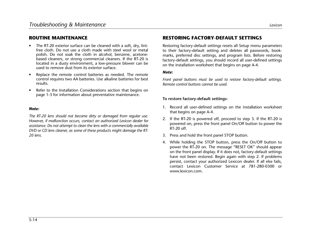 Lexicon RT-20 manual Routine Maintenance, Restoring FACTORY-DEFAULT Settings, To restore factory-default settings 