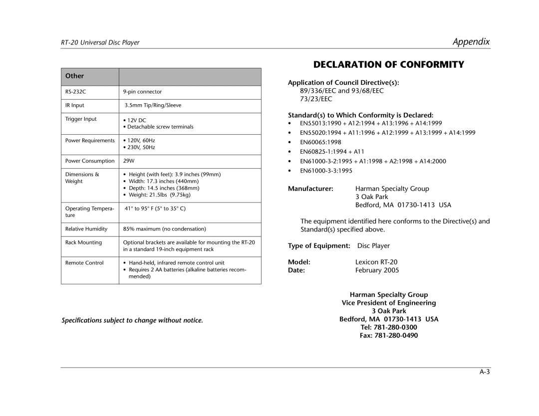 Lexicon RT-20 manual Declaration of Conformity, Other, Type of Equipment Disc Player Model, Date 