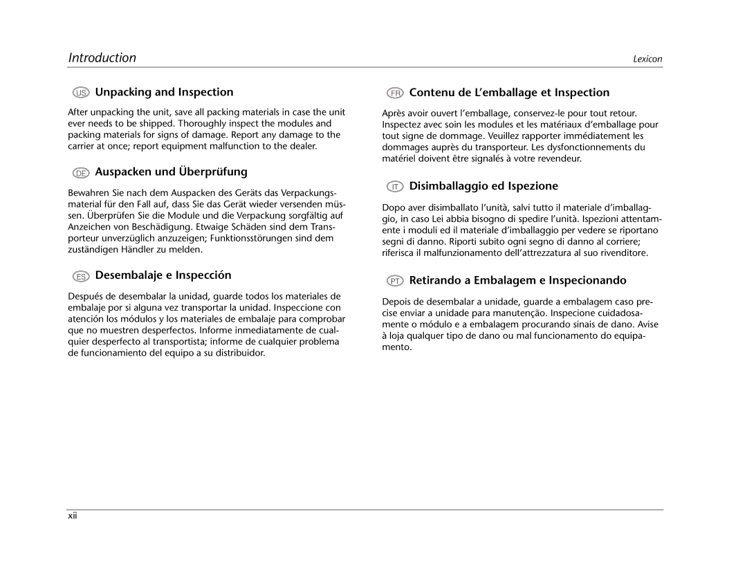 Lexicon RT-20 manual US Unpacking and Inspection 