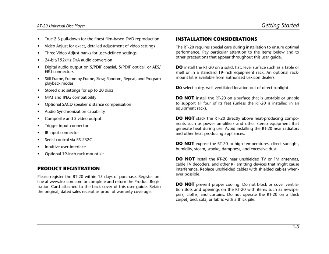 Lexicon RT-20 manual Getting Started, Product Registration Installation Considerations 