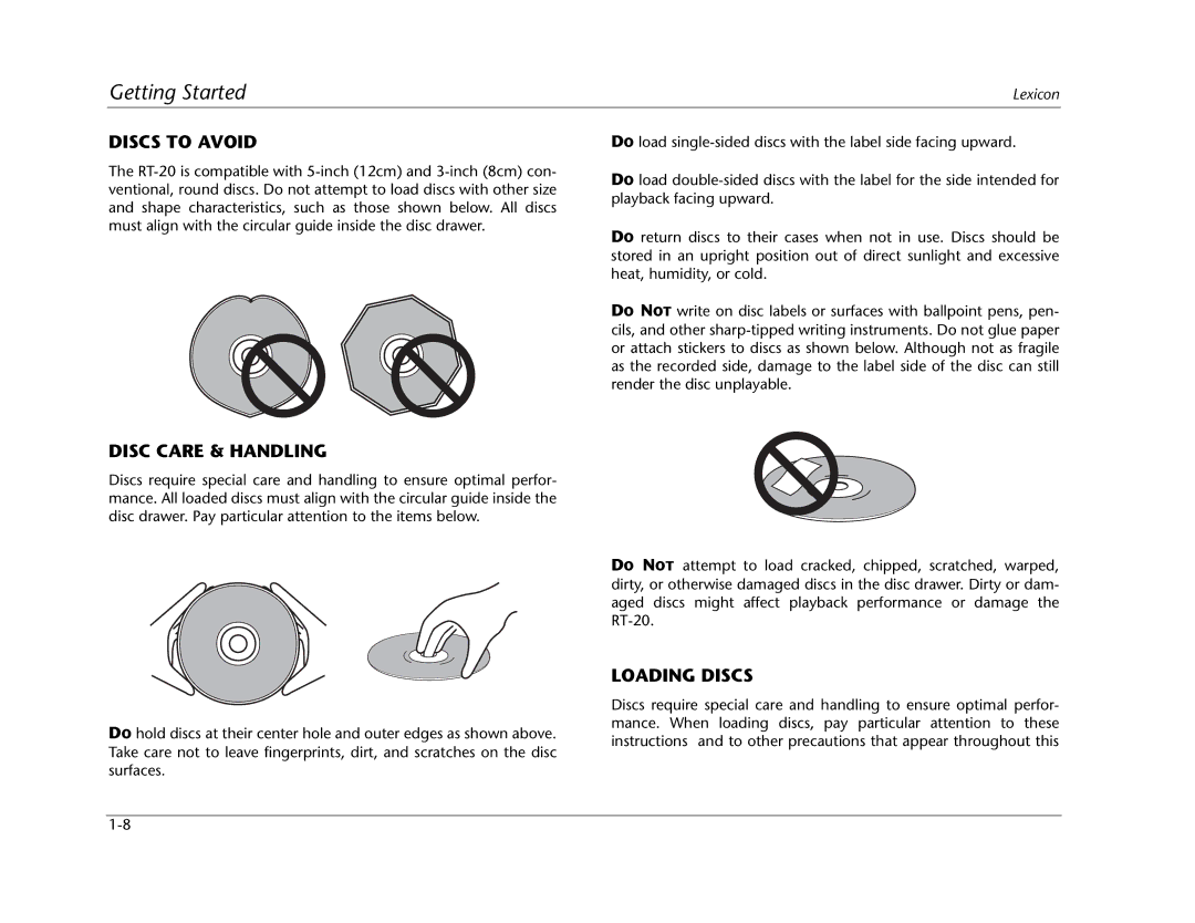 Lexicon RT-20 manual Discs to Avoid, Disc Care & Handling, Loading Discs 