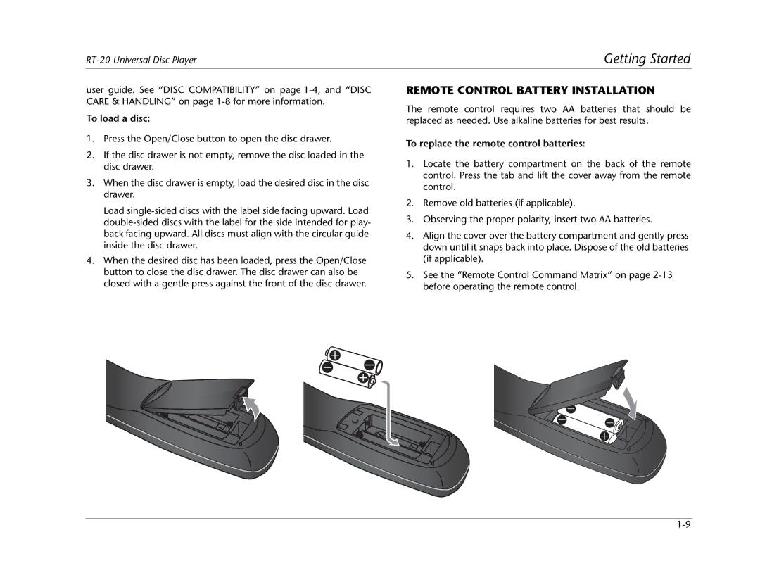 Lexicon RT-20 manual Remote Control Battery Installation, To load a disc, To replace the remote control batteries 