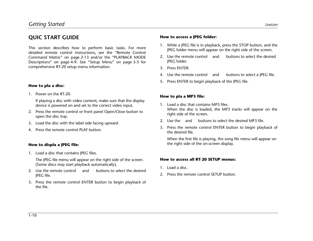 Lexicon RT-20 manual Quick Start Guide 