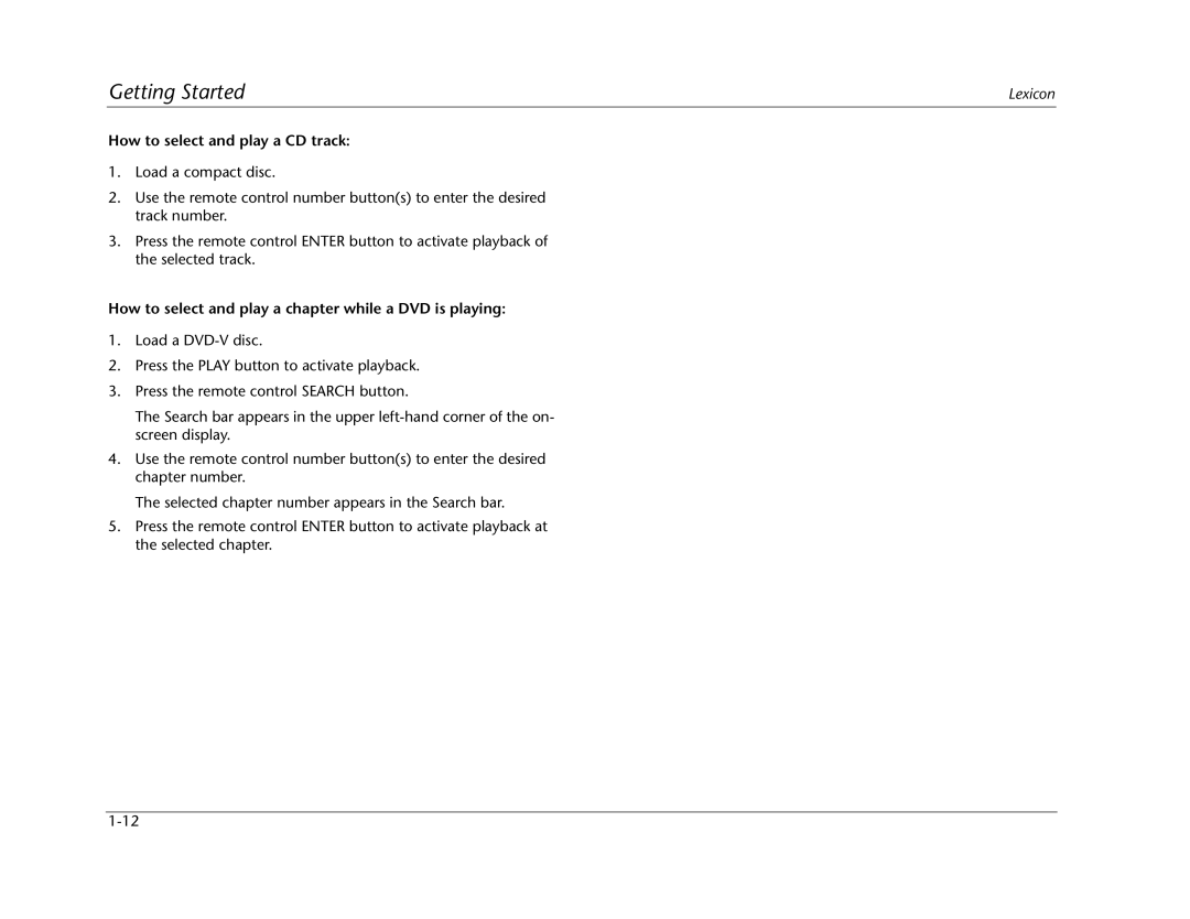 Lexicon RT-20 manual How to select and play a CD track, How to select and play a chapter while a DVD is playing 