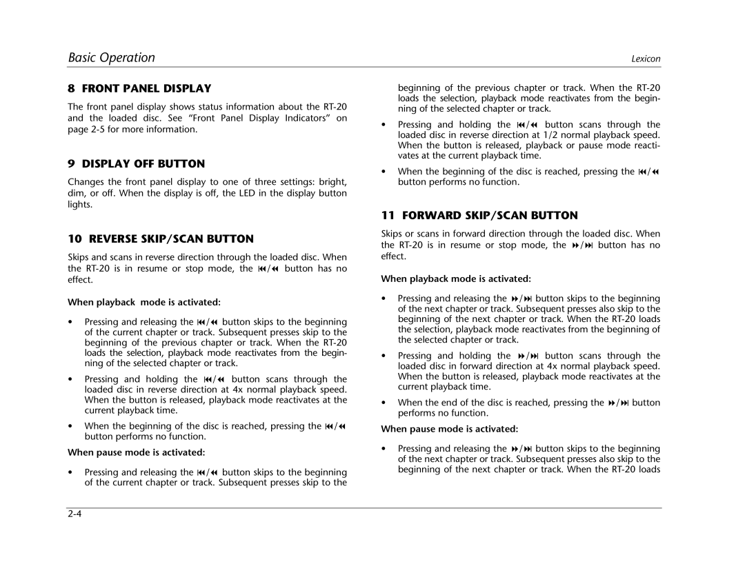Lexicon RT-20 manual Front Panel Display, Display OFF Button, Reverse SKIP/SCAN Button, Forward SKIP/SCAN Button 
