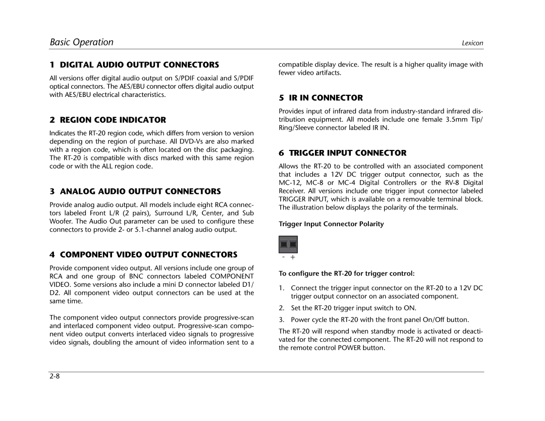 Lexicon RT-20 Digital Audio Output Connectors, Region Code Indicator, Analog Audio Output Connectors, IR in Connector 