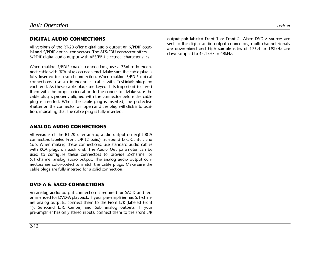 Lexicon RT-20 manual Digital Audio Connections, Analog Audio Connections, DVD-A & Sacd Connections 