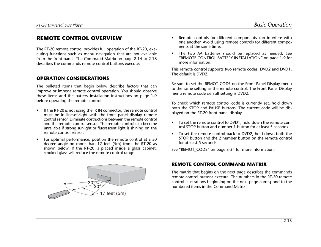 Lexicon RT-20 manual Remote Control Overview, Operation Considerations, Remote Control Command Matrix 